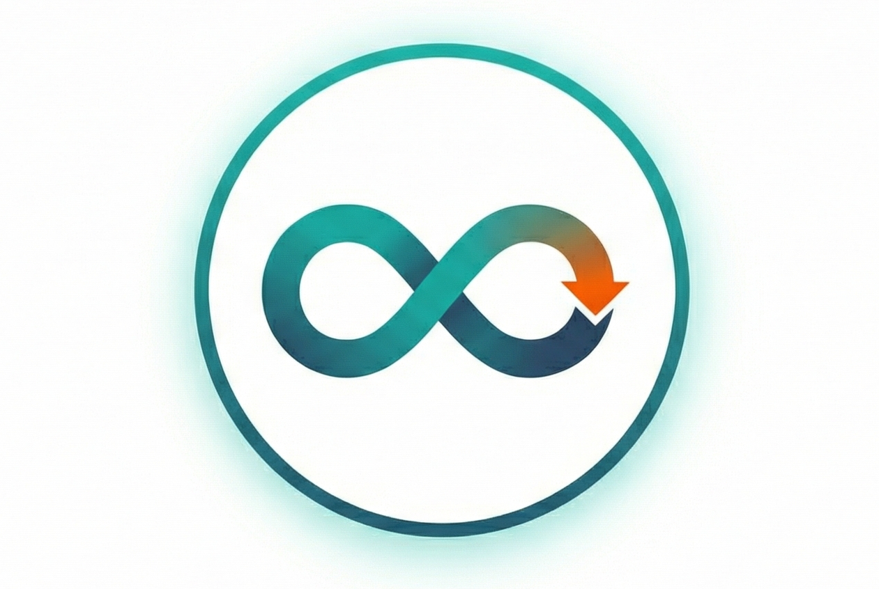 A circular logo with an infinity symbol inside, transitioning from teal to dark blue, with a downward orange arrow at the end of the right loop.