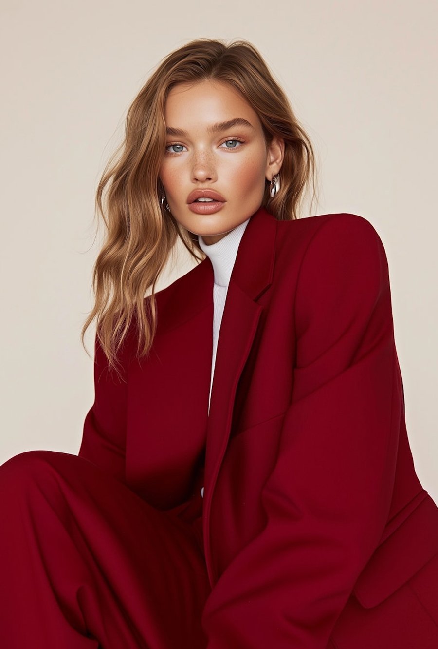 A woman with wavy blond hair, blue eyes, wearing a red blazer over a white turtleneck, posed against a beige background.