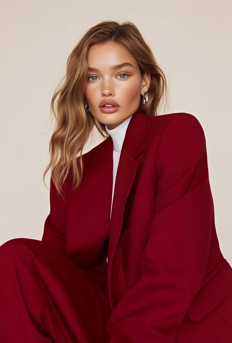 A young woman with wavy blonde hair, wearing a red blazer and white turtleneck, looking at the camera against a plain background.