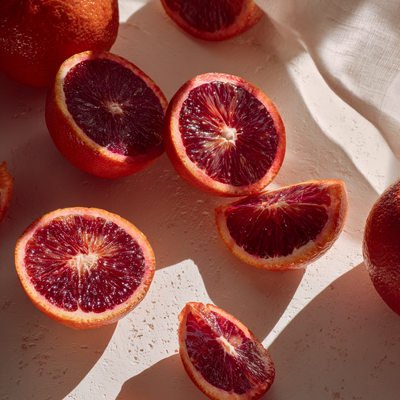 Several blood oranges, some halved and some whole, on a white surface with sunlight.