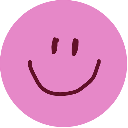 Pink smiling face with black eyes and mouth.