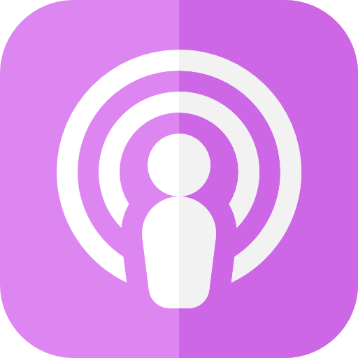 Purple podcast app icon with a white microphone in the center and concentric circles around it.