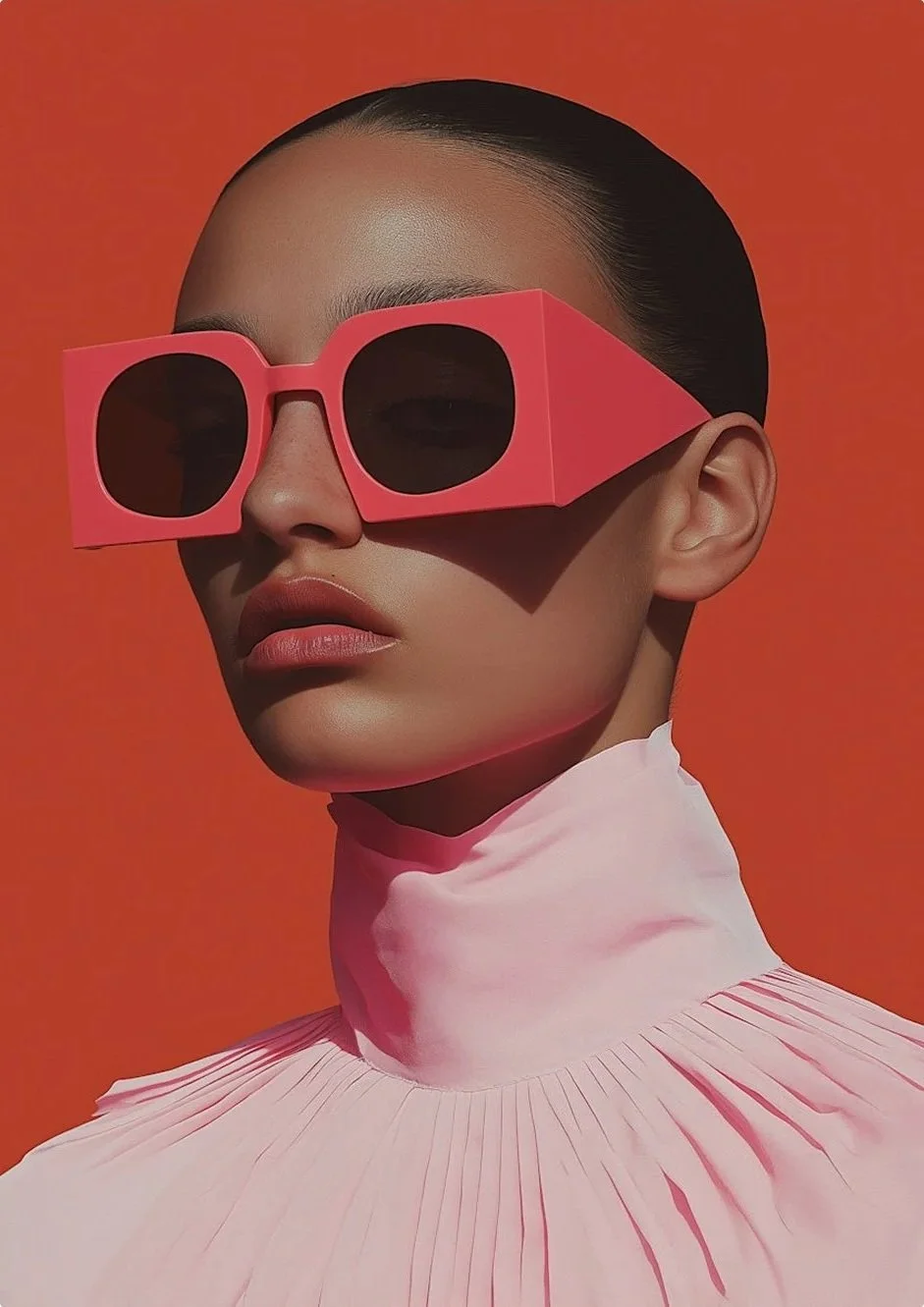 A woman wearing oversized pink sunglasses against an orange background. She has smooth, slicked-back hair, neutral makeup, and is dressed in a high-neck pink top with pleats.