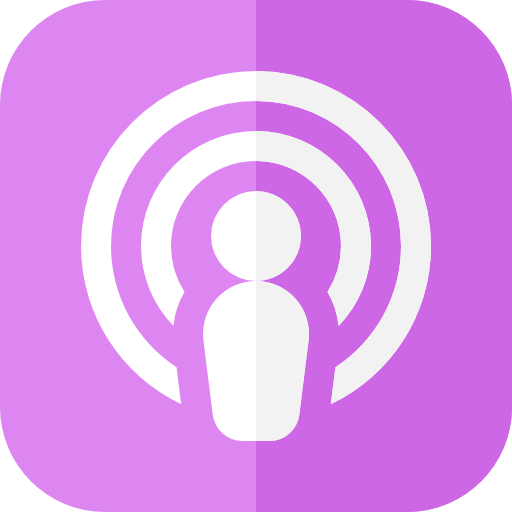 Podcast icon with a white figure and concentric circles on a purple background.