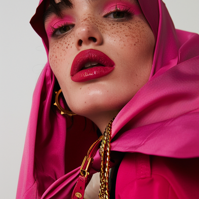 Close-up of a woman with bright pink makeup, red lipstick, and a pink hooded jacket with gold jewelry.