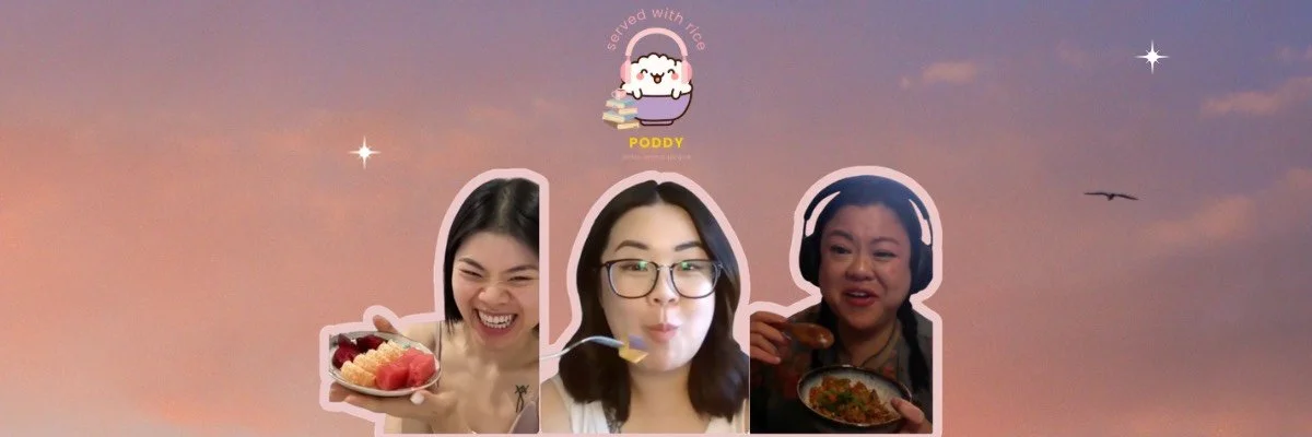 three women enjoying food, with a pastel sky background and a cute rice bowl logo at the top