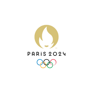 Logo des Jeux Olympiques avec un flambeau doré et les anneaux olympiques en dessous