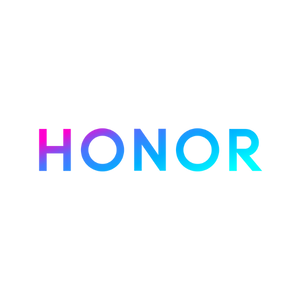 L'image présente le mot "HONOR" écrit en lettres stylisées avec un dégradé de couleurs violet, bleu et cyan sur fond noir.