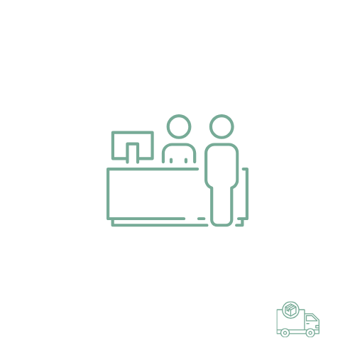 Icona di due persone che interagiscono in un ufficio, con una scrivania e un monitor LCD.