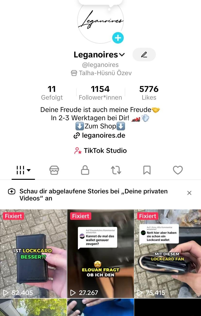 TikTok Profil der ehemaligen E Commerce Brand Leganoires als Teil des unternehmerischen Werdegangs von Talha Özev.