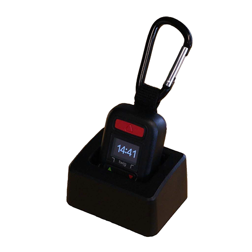 Schwarzes Pager-Ladegerät mit Pager und Karabinerhaken, Display zeigt 14:41 Uhr