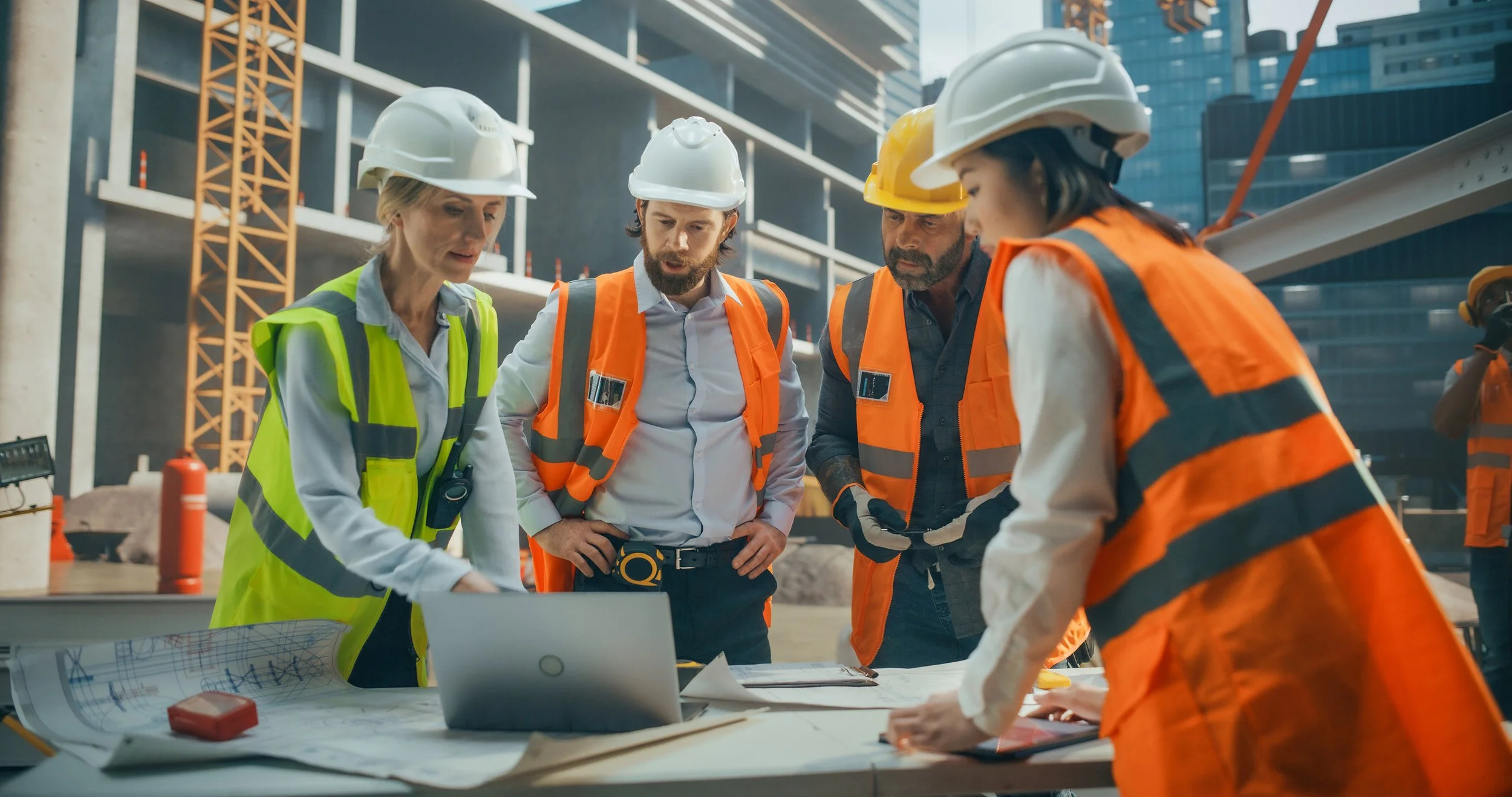 Bauingenieurteam mit Schutzhelmen und Warnwesten bespricht Baupläne an einem Tisch auf der Baustelle.