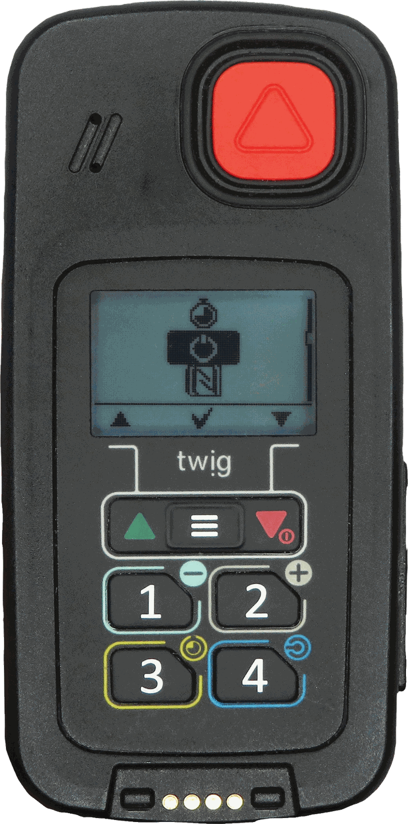 Handheldes schwarzes Schweißgerät von Tig mit Display, roten und grünen Bedientasten sowie nummerierten Tasten 1 bis 4