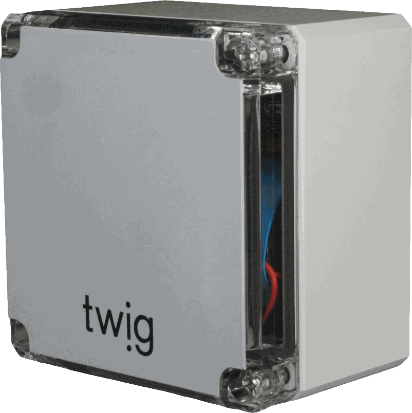 Weißes Twiq-Gerät mit transparenter Abdeckung und sichtbaren elektronischen Komponenten