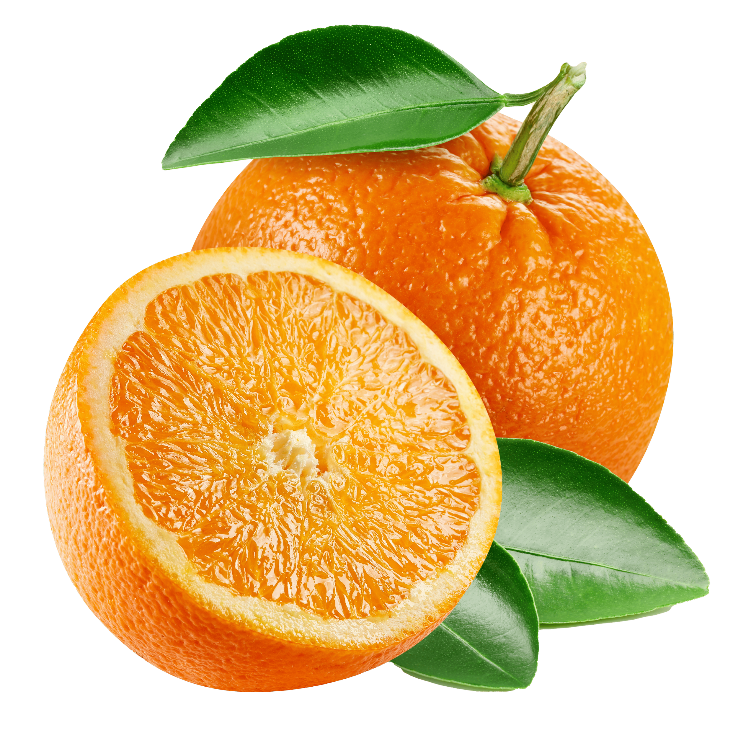 Whole and sliced orange with green leaves