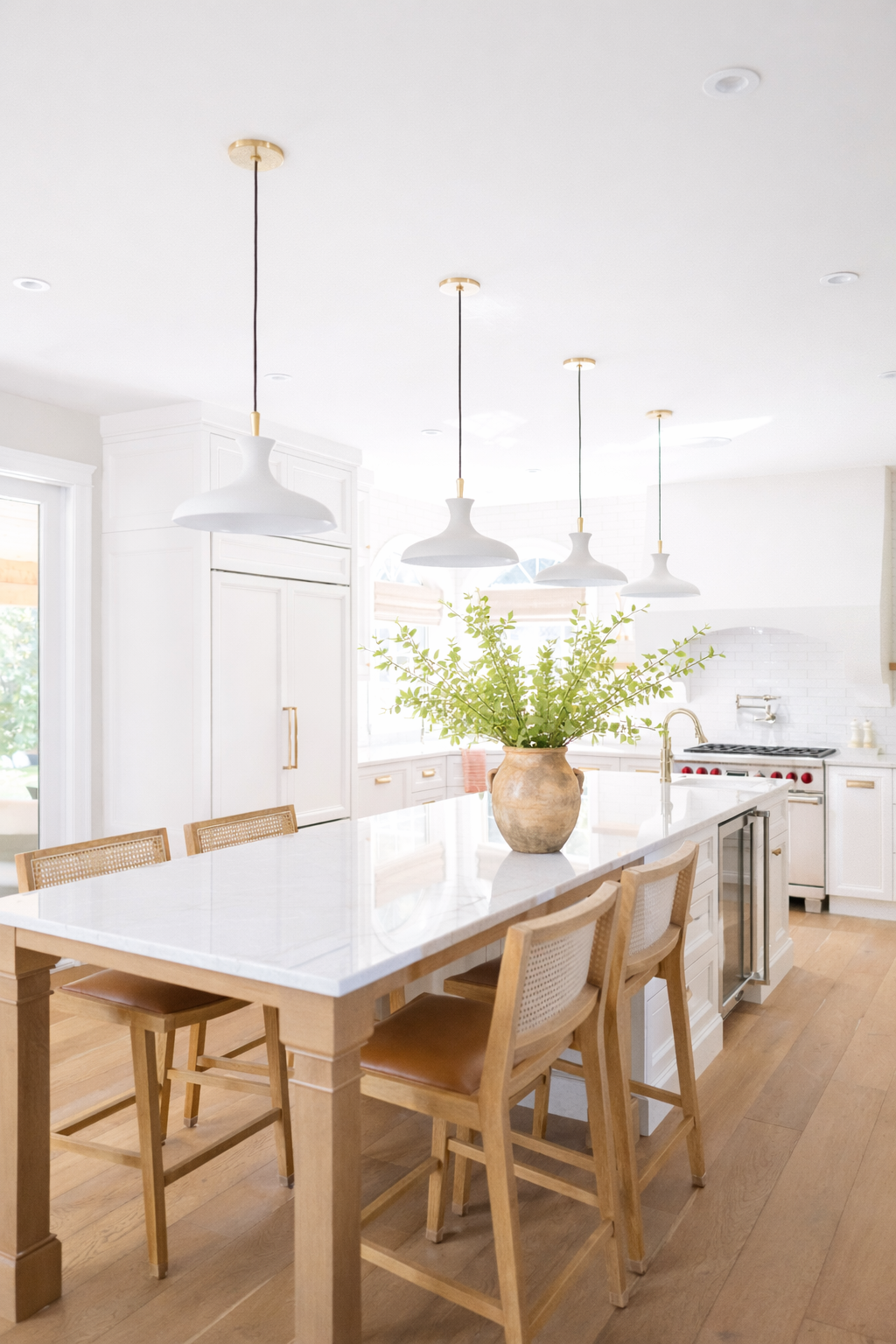 Bright, modern white kitchen with a large island, four ceiling pendant lights, and a vase with greenery on the island countertop.