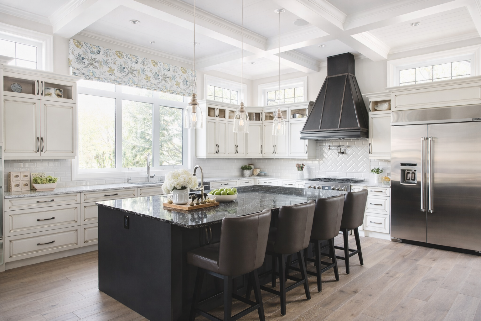Bright kitchen with white cabinets, black island, stainless steel refrigerator, and a black range hood. Large windows with floral valance, beaded white subway tile backsplash, light wood flooring, and pendant lighting.