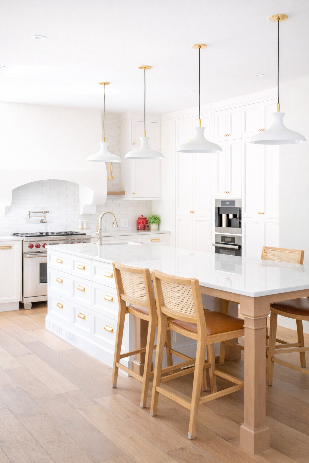 Bright white kitchen with island, four pendant lights, wooden chairs, and built-in appliances.