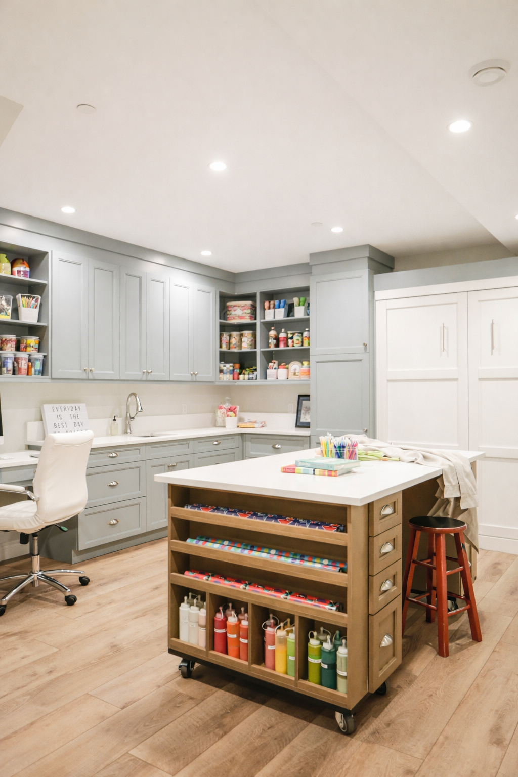 A craft room with light gray cabinets, open shelving filled with paint jars and art supplies, a white countertop, a white rolling chair, a craft island with colorful paint bottles, rolls of wrapping paper, and art supplies, and a wooden stool.