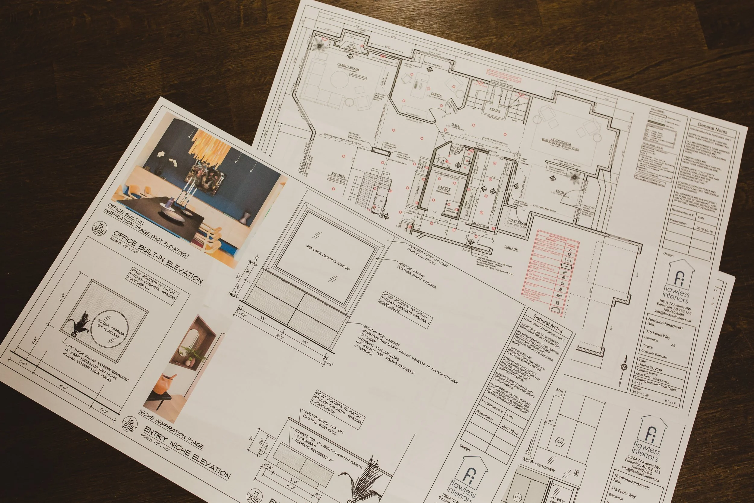 Custom home interior design drawings and floor plans in Victoria BC showing detailed millwork, layout planning, and construction documentation.