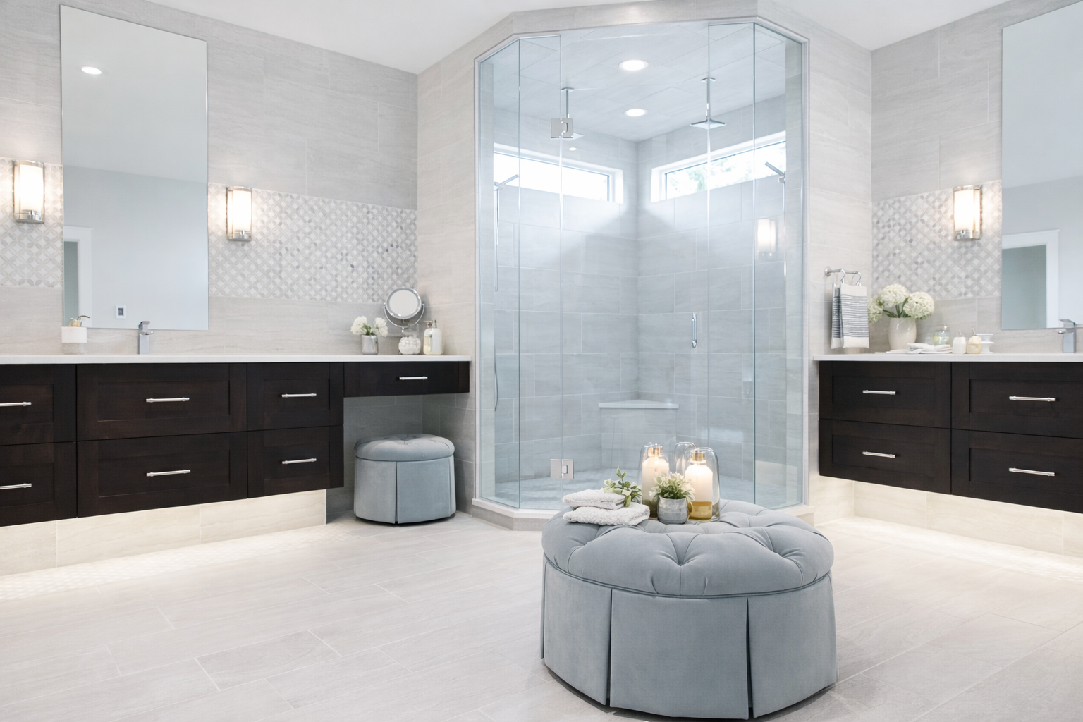 Modern bathroom with a glass-enclosed shower, two dark wood vanities with large mirrors, and decorative accents like candles and flowers.