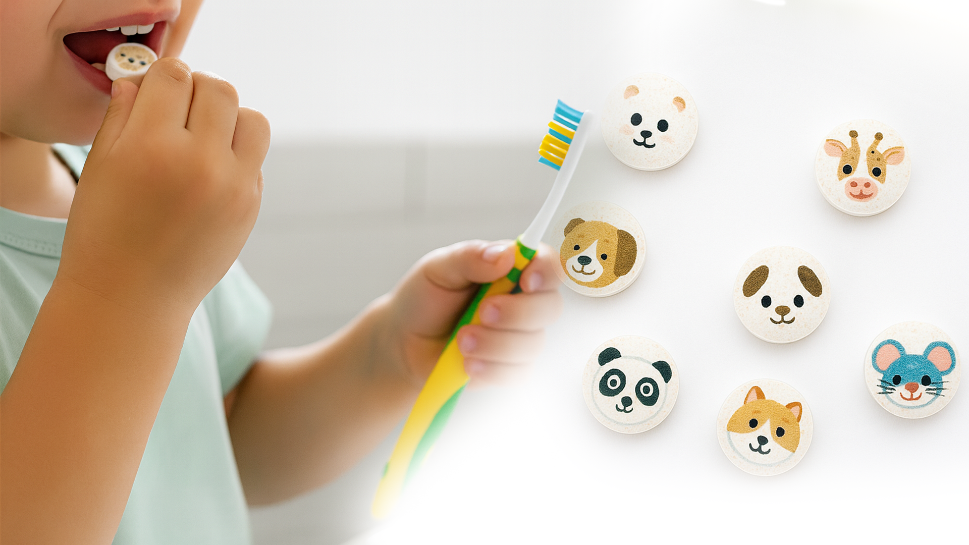 Enfant souriant utilisant une pastille de dentifrice à croquer TIKRO avec des illustrations d'animaux ludiques (lion, panda, souris) et une brosse à dents, concept d'hygiène dentaire amusant et zéro déchet