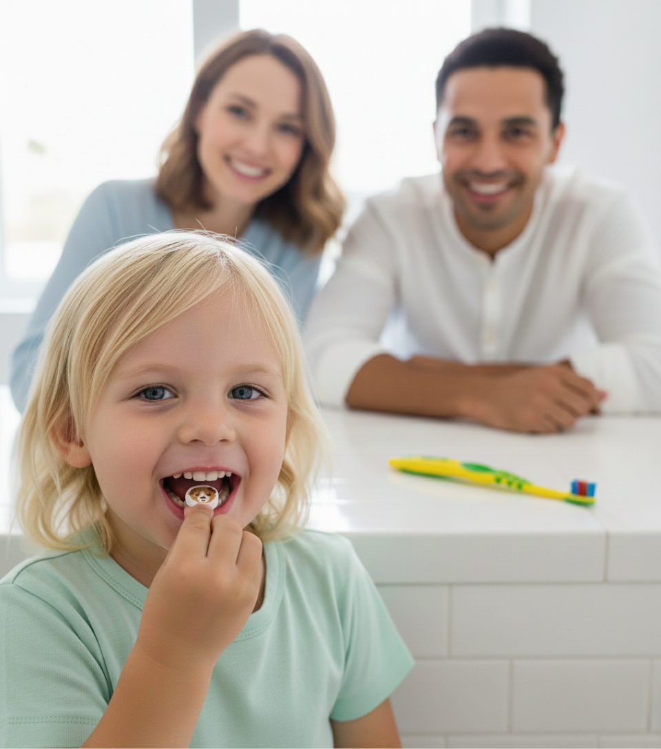 Famille heureuse dans une salle de bain blanche lumineuse, montrant un enfant souriant prêt à croquer une pastille de dentifrice ludique TIKRO devant ses parents, avec une brosse à dents à proximité