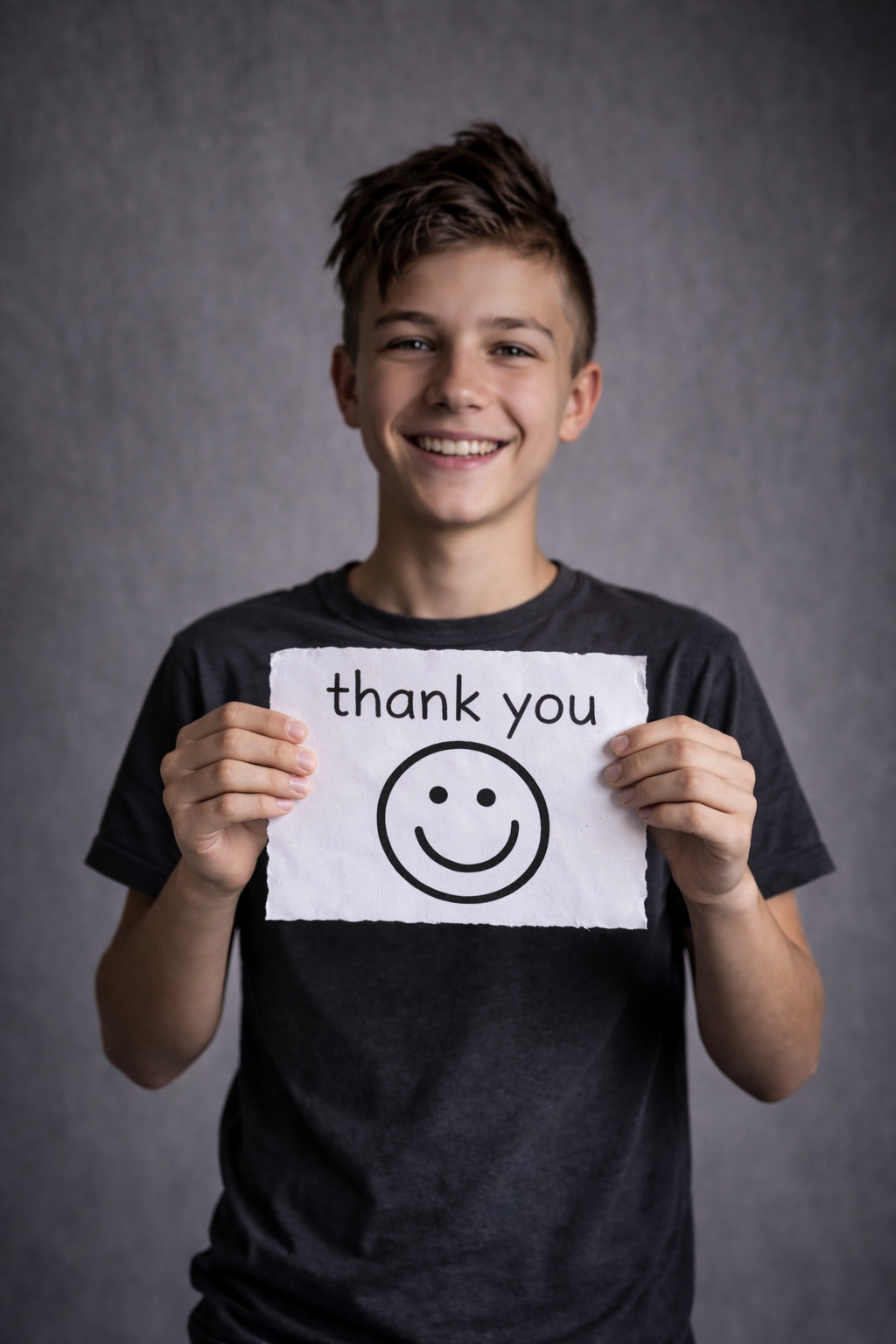 Persoon die een bordje vasthoudt met de tekst “thank you” en een getekende glimlach.