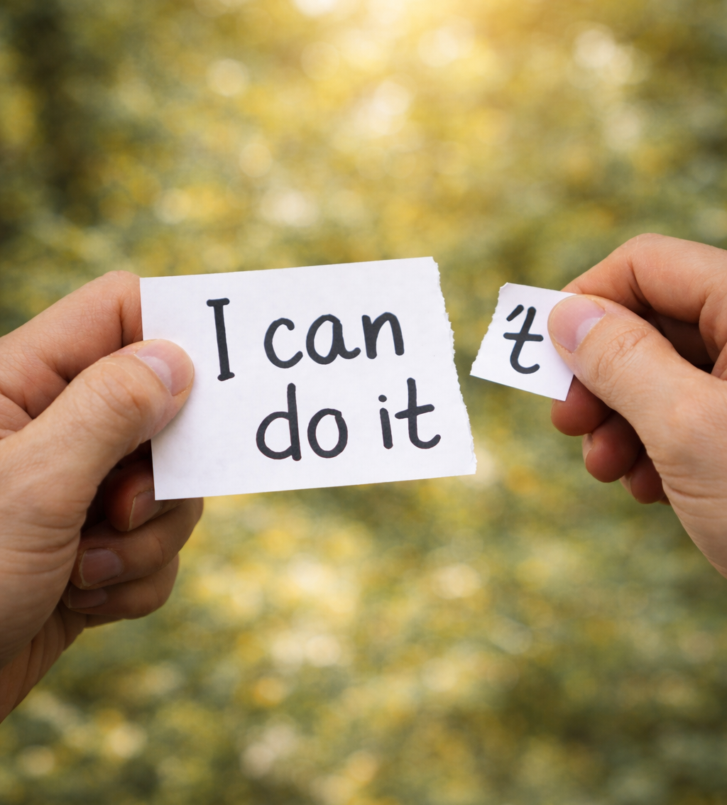 Twee handen die een kaartje vasthouden met de tekst “I can do it”, waarvan een deel is afgescheurd.
