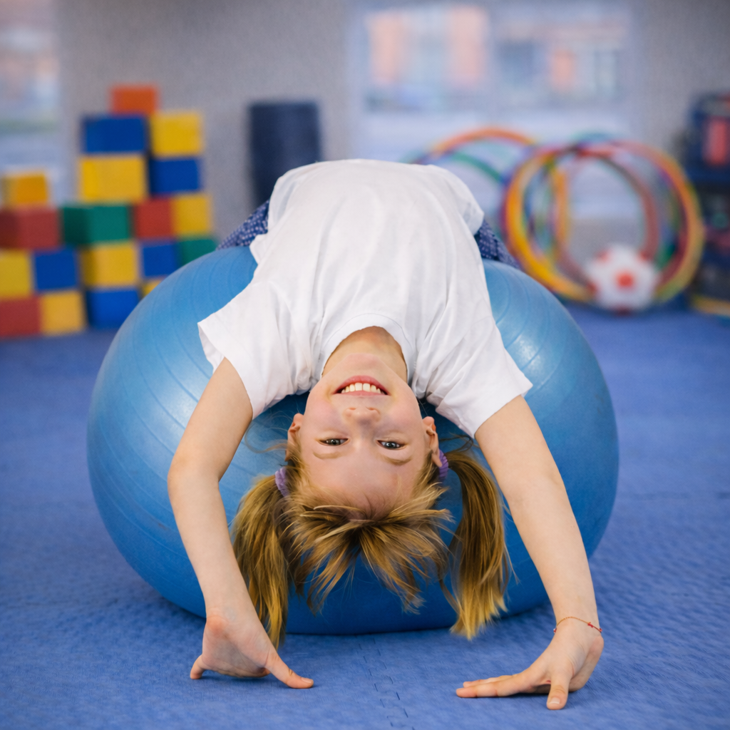 Kind liggend op een grote oefenbal in een oefenruimte.
