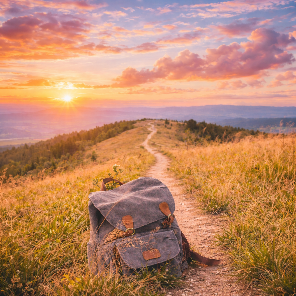 Sfeerbeeld van een rugzak op een wandelpad in de natuur bij zonsondergang.