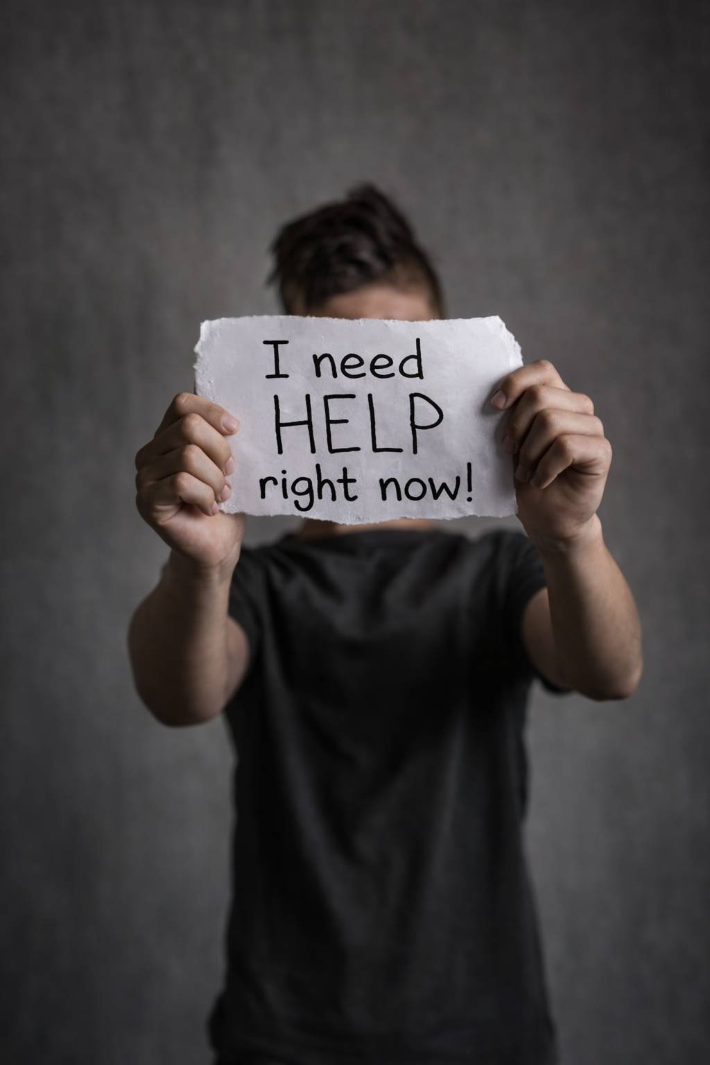 Persoon die een bordje vasthoudt met de tekst “I need help right now”.
