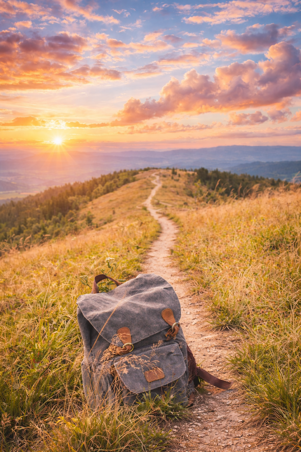 Sfeerbeeld van een rugzak op een wandelpad in de natuur bij zonsondergang.