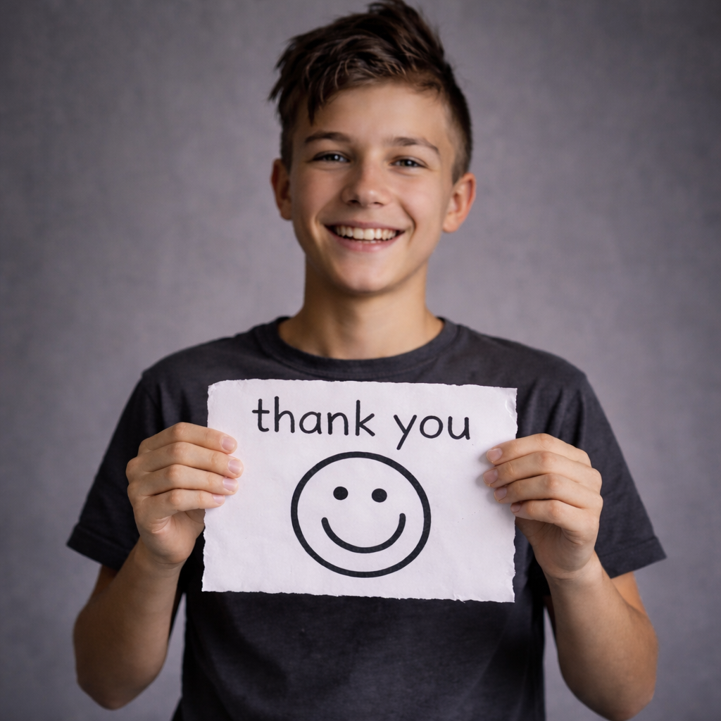 A cheerful young boy holding a handmade sign that says 'thank you' with a smiley face drawing, standing against a plain background.