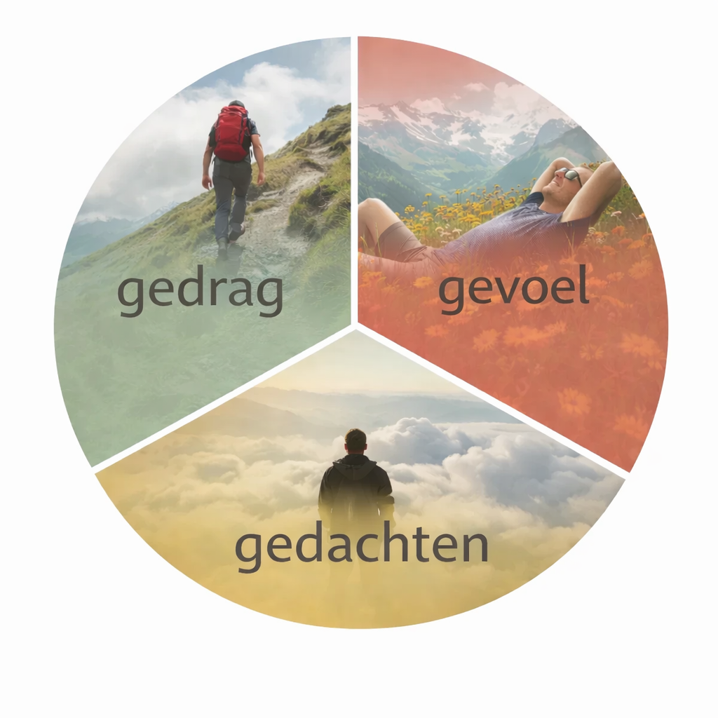 Een rond diagram verdeeld in drieën gedrag gevoel gedachten