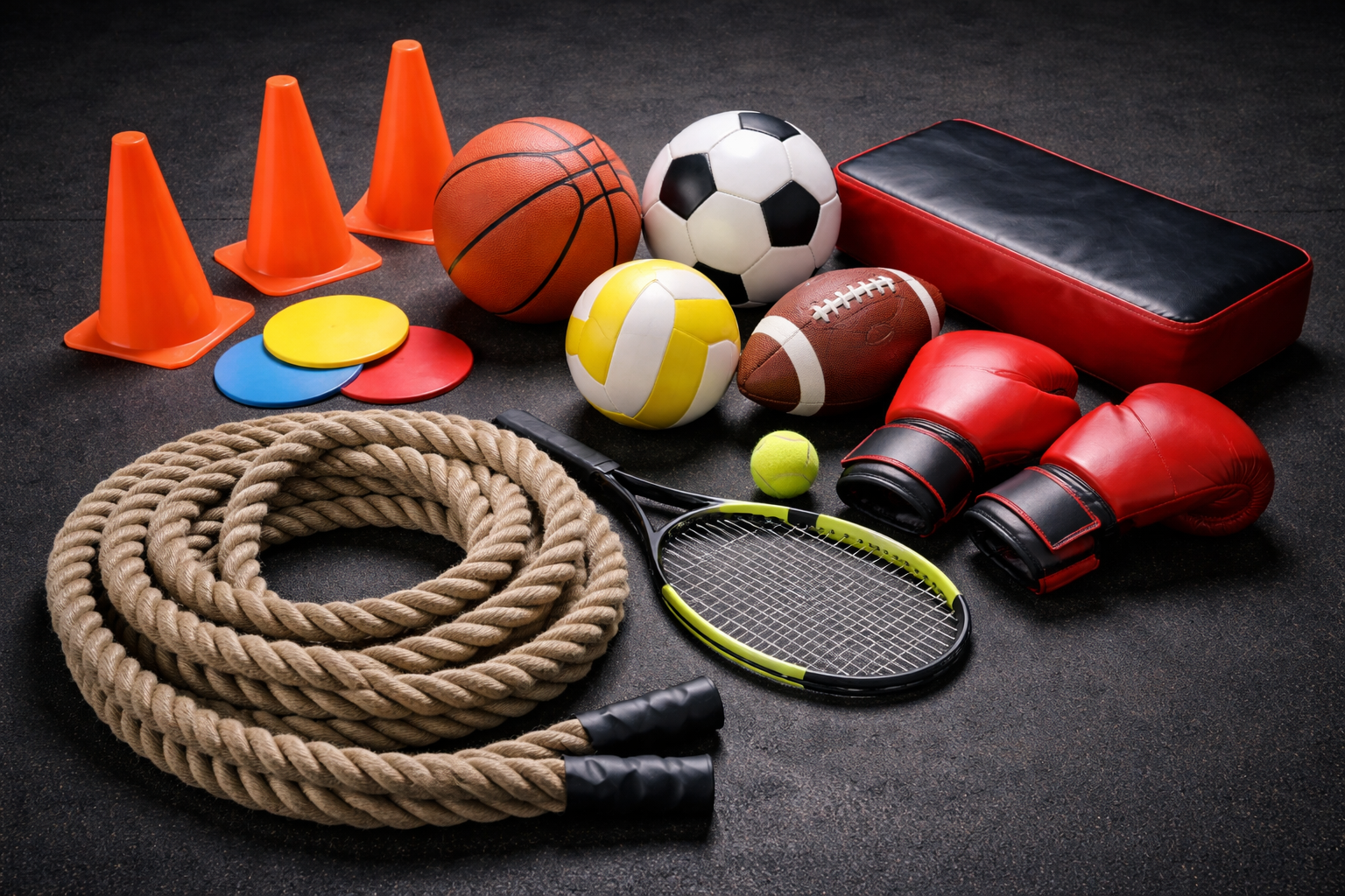 Therapiemateriaal voor psychomotorische therapie (PMT), zoals ballen, pionnen en oefenmateriaal.