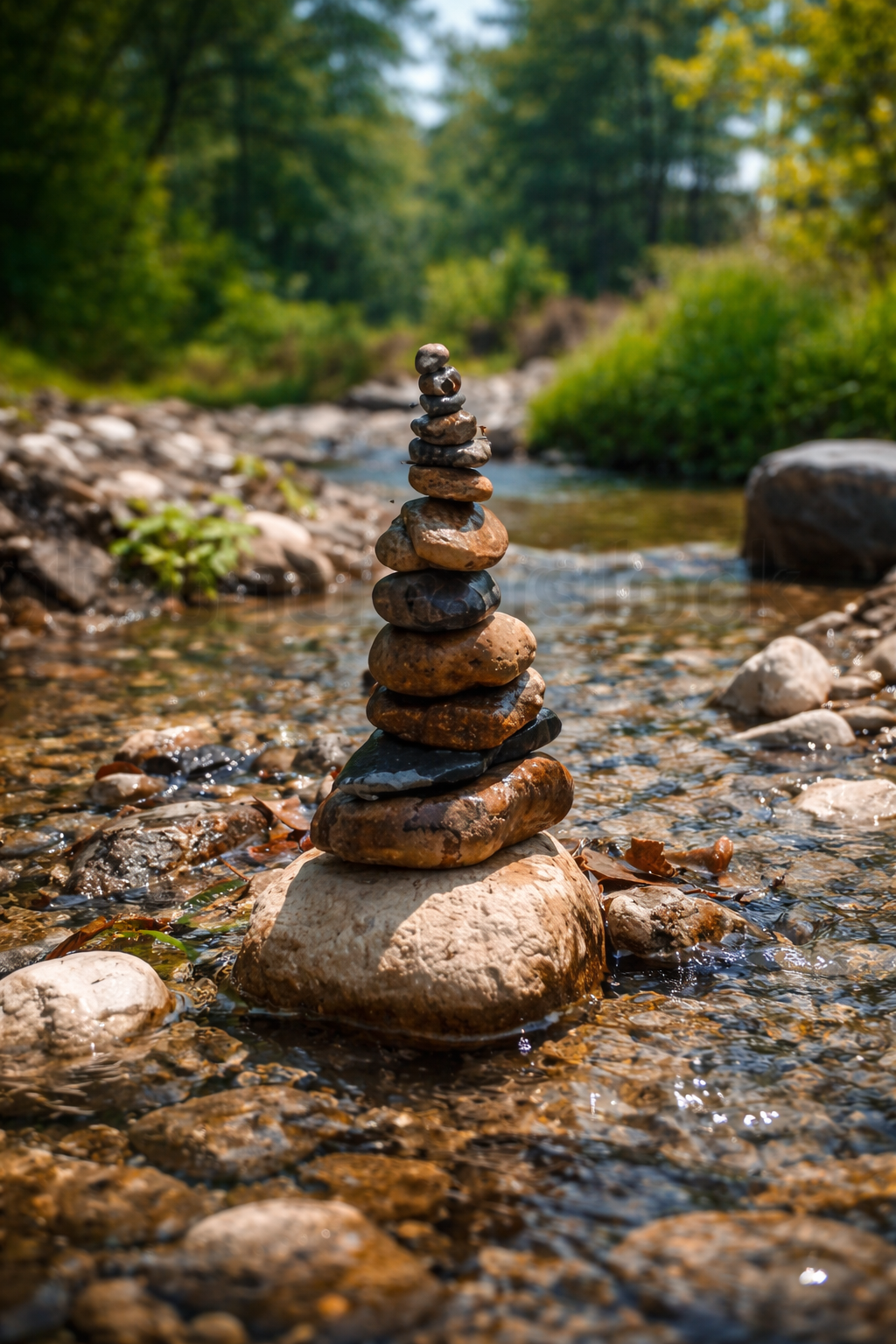 Gestapelde stenen (steenmannetje) op een rots in een ondiepe rivier met bomen op de achtergrond.