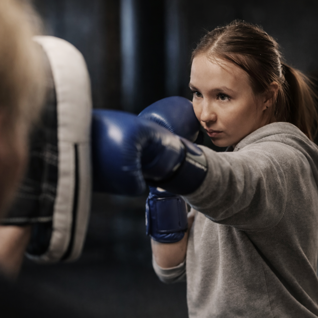 A young woman wearing gray sweatshirt and blue boxing gloves punches a focus pad held by someone out of frame in a gym.