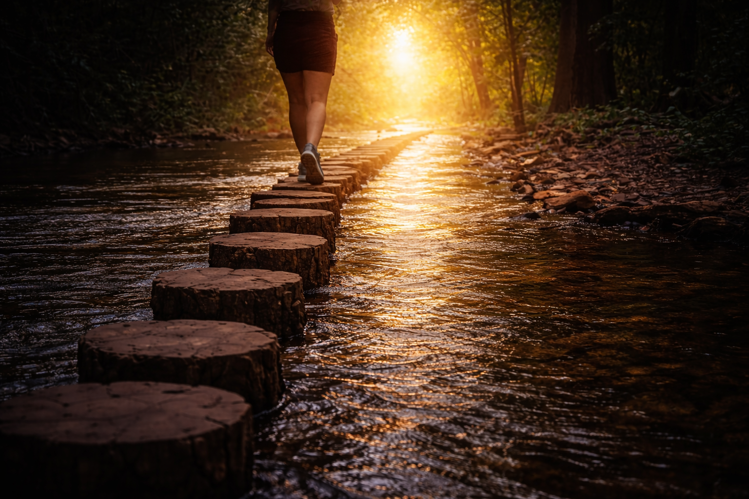 Persoon die over stapstenen loopt door een ondiepe beek in een bos, met zonlicht op de achtergrond.