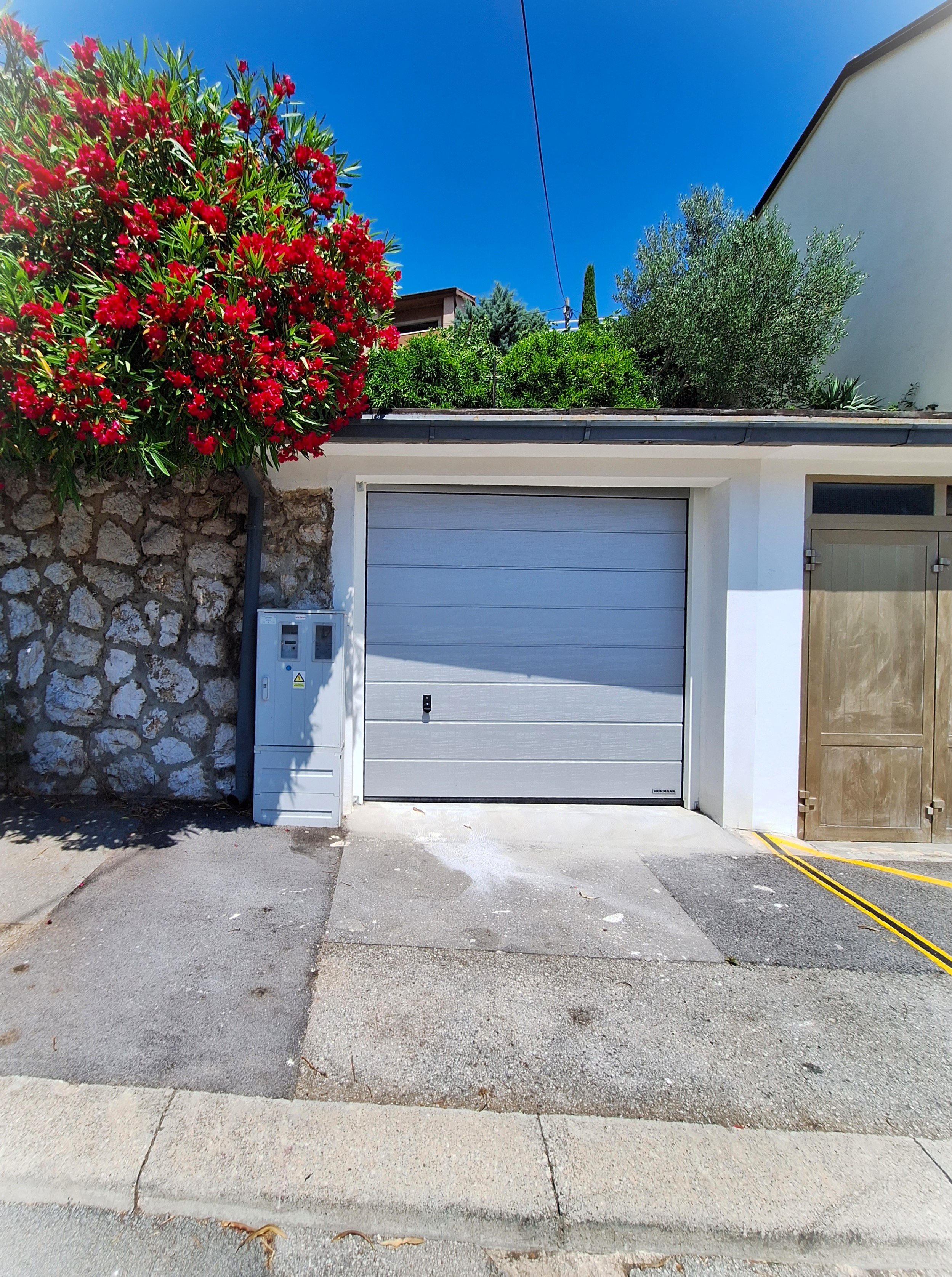 A modern garage with a gray roll-up door, a small electrical box, and a white wall. There is a large red flowering bush and other green plants behind the garage, and a blue sky overhead.