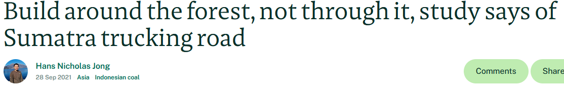 Screenshot of a news article headline about building around the forest instead of through it, related to a study on Sumatra trucking roads.
