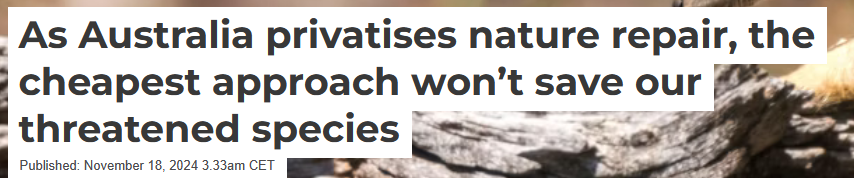 A headline article about Australia's approach to nature repair and its impact on threatened species, with an image of a fallen log in nature.