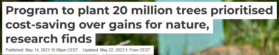 Headline about a program to plant 20 million trees, emphasizing cost-saving and environmental benefits, with publication and update dates.