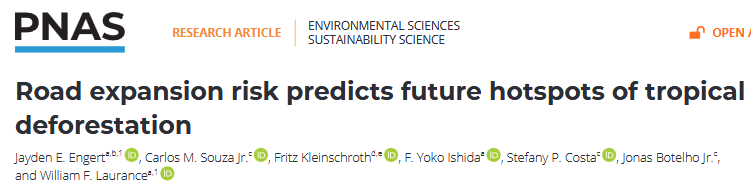 Screenshot of a research article from PNAS titled 'Road expansion risk predicts future hotspots of tropical deforestation' with authors' names and affiliations.