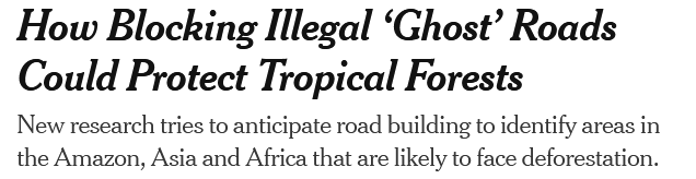 Excerpt discussing how blocking illegal 'ghost' roads could protect tropical forests, with mention of research in the Amazon, Asia, and Africa.