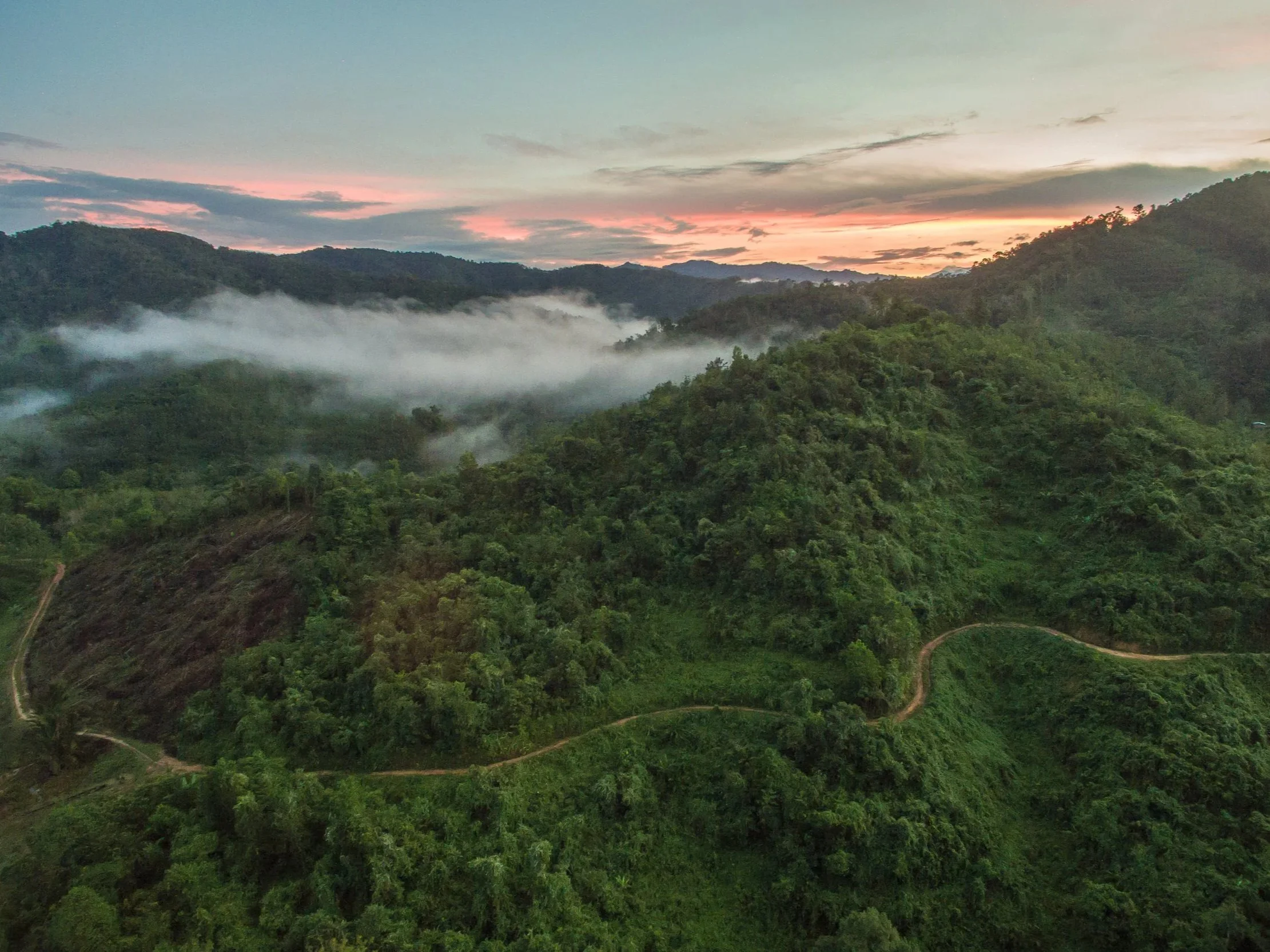 A lush green mountain landscape at sunrise with mist over the valleys and a colorful sky with pink and orange hues.
