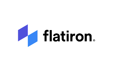Flatiron logo with three intersecting blue parallelograms and the word 'flatiron' in lowercase black letters.