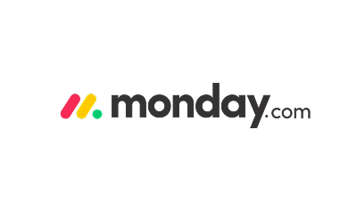Monday.com logo with colorful stripes and company name on a black background.