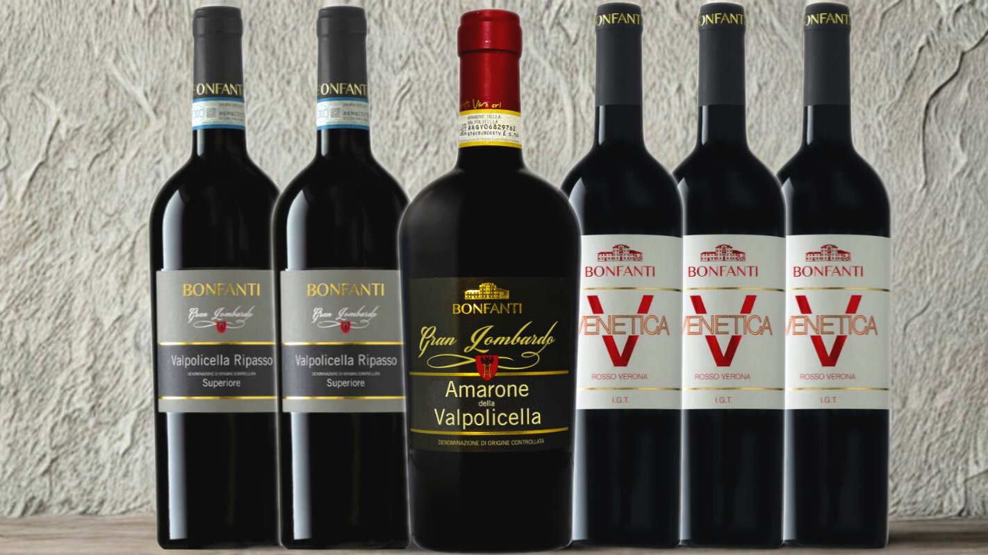 Een set van 6 flessen van Bonfanti met de Valpolicella Ripasso Superiore, Amarone della Valpolicella en Venetica Rosso Verona