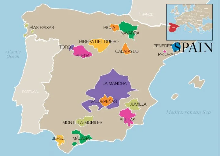 Map van spanje met alle wijnregio's